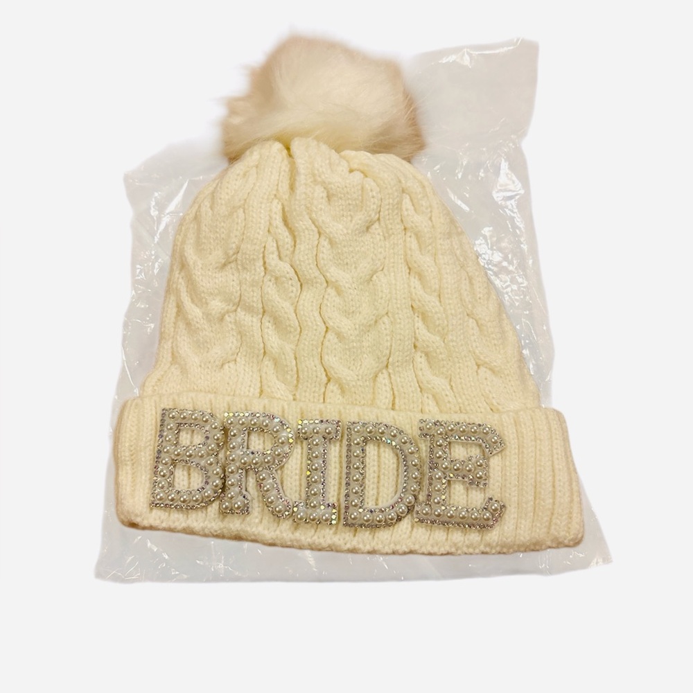 Cream Knit Bride Beanie with Pom Pom- NWT